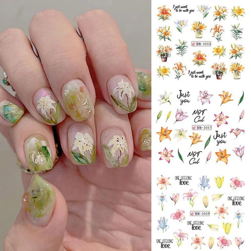 12 Sheets Lily Flowers Nail Stickers Water Transfer Decals Slider Nail Art Decorations White Flower Green Leaf Geometric Line Sliders Spring Flora...