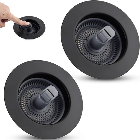 2PCS Black Kitchen Sink Strainer Stopper Combo 3-in-1 Pop Up Sink Drain with Stainless Steel Shell for US Standard 3-1/2 inch Drain Filter, Anti-c...