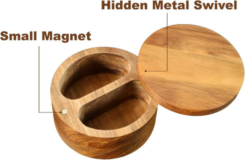 Multi-Use Spice Box, Acacia Wood Salt and Pepper Cellar with Magnetic Swivel Lid and Mini Spoons, 2-Compartment Container, Kitchen decor, 4.76"...