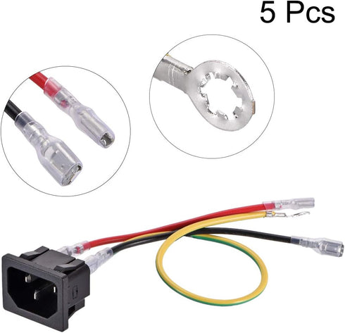uxcell C14 Panel Mount Plug Adapter AC 250V 10A 3 Pins IEC Inlet Module Plug Power Connector Socket with 3 Wires Pack of 5...