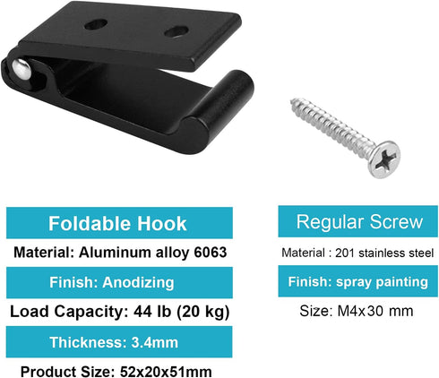 heneng 10 Pcs 2" x 2" Black Foldable Coat Hook with Screws, Aluminium Alloy Solid Hooks, Max.Load 44lbs, 1/8" Thick...