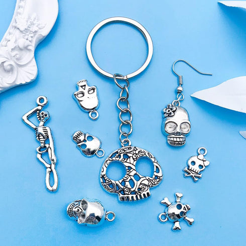 ALIMITOPIA Skull Head Charm Skeleton Bone Halloween DIY Jewelry Making Charm Pendant for Punk Necklace Bracelet Accessaries(32pcs;Silver Tone)...
