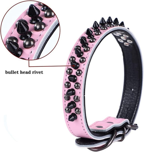 Adjustable Genuine Leather Spiked Studded Dog Collars for Small Medium Large Pets/Pit Bull/Bulldog/Pugs/Husky (L, Black2)...