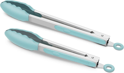 9-Inch & 12-Inch Cooking Tongs, Premium Silicone Set of 2 BPA Free Non-Stick Stainless Steel BBQ Grilling Locking Food Tong, Aqua Sky...