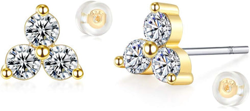 MYEARS Women Trio Stud Earrings Gold Three Diamond Cubic Zirconia Cluster Flower 14K Gold Filled Small Simple Handmade Hypoallergenic Everyday Jew...