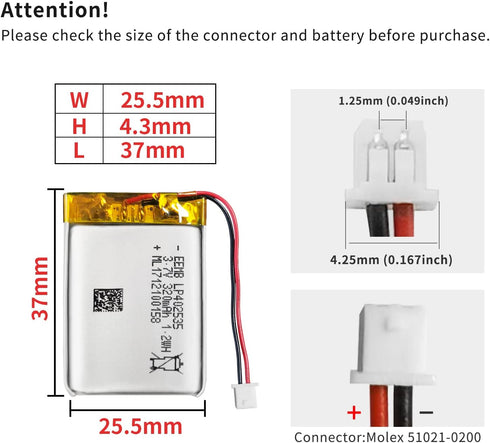 EEMB 4PACK Lithium Polymer Battery 3.7V 320mAh 402535 Lipo Rechargeable Battery Pack with Wire Molex Connector for Speaker and Wireless Device- Co...