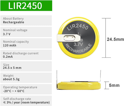 EEMB 5PCS LIR2450 Rechargeable Battery 120mah 3.7V Lithium-ion Coin Button Cell Batteries with Solder Tabs...