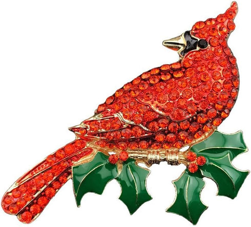 Large Gold Tone Northern Cardinal Brooch With Red Color Crystal Rhinestone Bird Brooches Pins Christmas Bird Brooch...