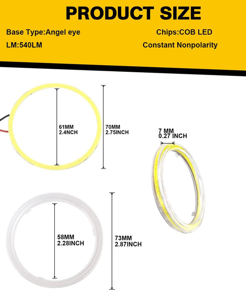 Qasim 1-Pair White 70MM 60SMD COB LED Halo Ring Angel Eyes Car LED Fog Light DRL with lampshade Cover 12V 24V DC...