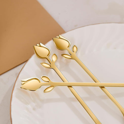 6-Inch Tulip/Rose Handle Gold Small Coffee Spoons Set, 6 Pieces, Stainless Steel...