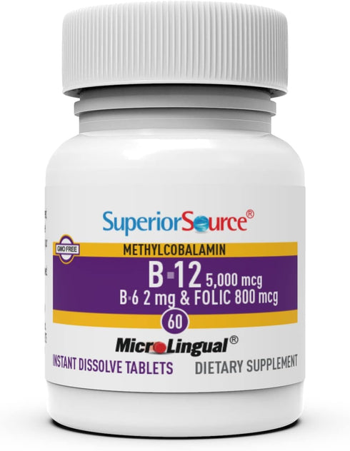 Superior Source No Shot Vitamin B12 Methylcobalamin (5000 mcg), B6, Folic Acid, Quick Dissolve Sublingual Tablets, 60 Ct, Increase Energy, Healthy...