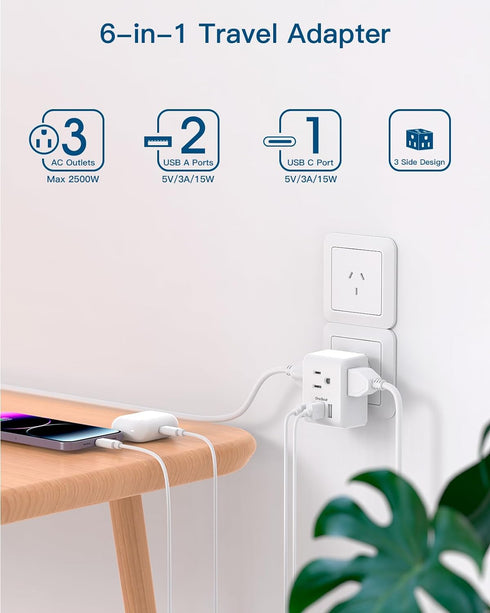 Australia New Zealand Power Plug Adapter, US to Australia Travel Adapter with 3 American Outlets 3 USB Ports (1 USB C), Type I Plug Adapter Travel...