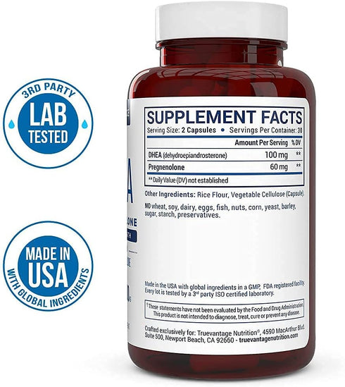DHEA 100mg Supplement with Pregnenolone 60mg -Supports Hormone Balance, Lean Muscle Mass, Energy, Mood, Sleep, and Healthy Aging in Men and Women-...