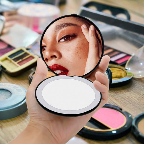 Travel Mirror with LED Lighted,1x/10x Magnification Compact Mirror with Light, 2-Sided Illuminated Folding Round Mirror, Handheld Pocket Makeup Mi...