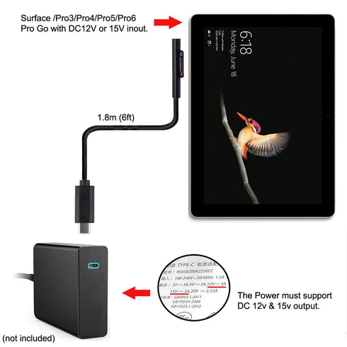 chenyang USB C to DC 12-15V Surface Pro3 Pro4 Pro5 Pro6 Book PD 65W Charge Cable...