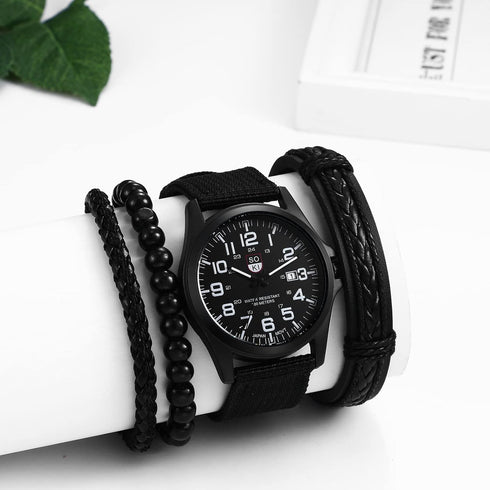 Avaner Men's Bracelet Watch Set, 4 Pcs Wrist Watch Bracelet Set, Military Nylon Strap Quartz Watch Black Leather Bracelets Set for Men...