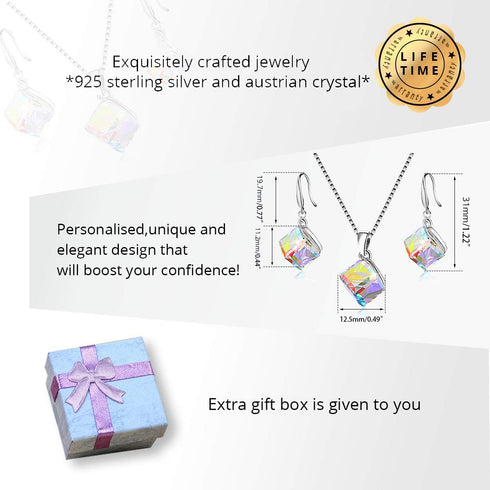 Uloveido Girl's Square Cube Authentic Austrian Crystal Hook Earrings and Rainbow Necklace Sets for Women - 925 Sterling Silver Wedding Engagement ...