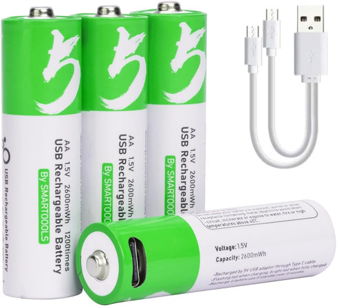 USB AA Lithium ion Rechargeable Battery, 1.5V 2600mWh Rechargeable AA Battery, 1.5 H Fast Charge, 1200 Cycle with Type C Port Cable, Constant Outp...