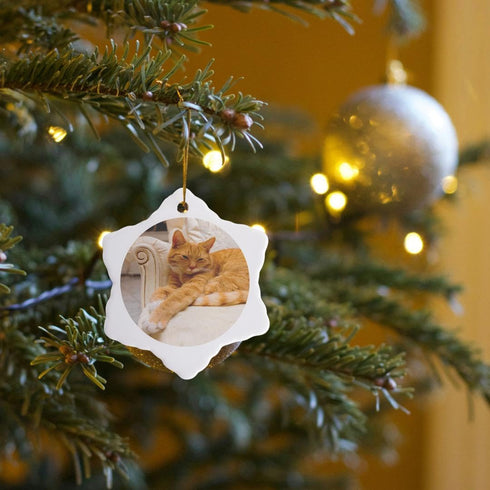 3D Rose Happy Orange Tabby Cat Relaxing On Fancy Armchair Snowflake Ornament, 3"...