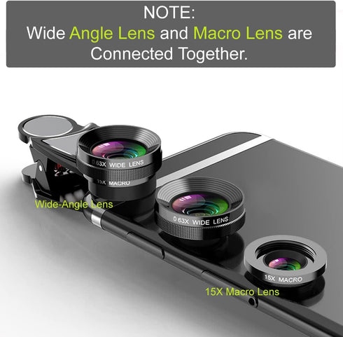 KINGMAS 3 in 1 Universal 198° Fish Eye Lens + 0.63X Wide-Angle Lens + 15X Macro Clip Camera Lens Kit for iPad iPhone Samsung Android and Most Smar...