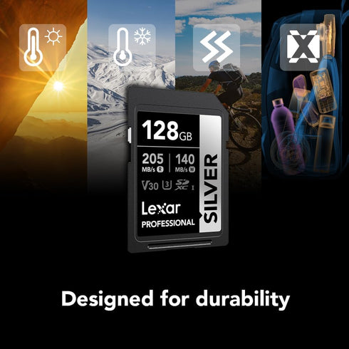 Lexar 128GB Professional Silver SDXC Memory Card, UHS-I, C10, U3, V30, 4K Video, Up to 205/140 MB/s Read/Write, for Professional Photographer, Vid...