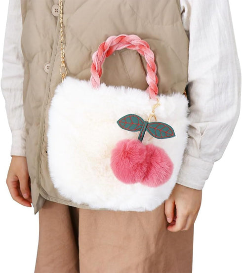 Cherry Fluffy Shoulder Bag Plush Handbag,Female Handbag Cute Coin Purse Square Bag Chains Bag Crossbody Bag Women Shoulder Bag Purse Large Capacit...