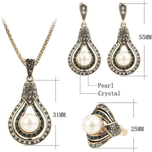 Dtja Vintage CZ Pearl Earrings Teardrop Pendant Necklace Jewelry Set for Women Girls Gold Plated Faux Pearls Boho Wedding Cocktail Party Christmas...