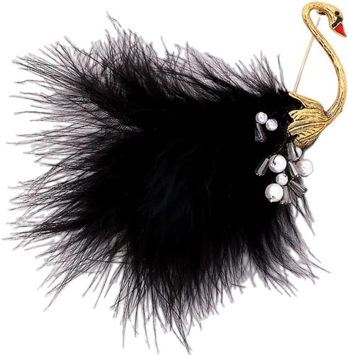 Vintage Feather Swan Brooch Pin for Women Girls Fashion Shell Pearls Black Animal Bird Brooches Lapel Pins Cute Dress Accessories Birthday Hallowe...