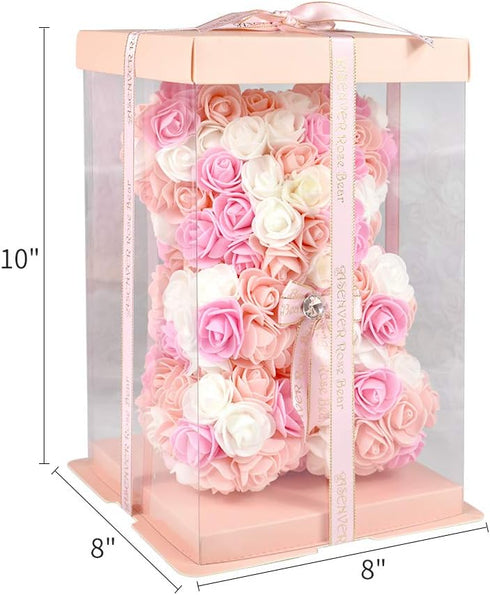 Hand Made Artificial Flowers Rose Bear Pure Color for Valentine Birthday and Mother's Day with a 10" Pink Gift Box (Multi Color-Pinkbow)...