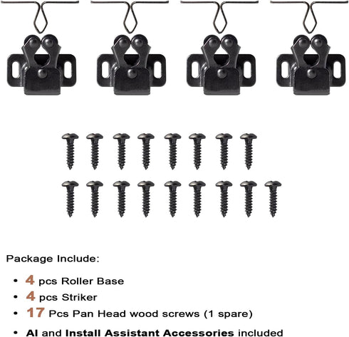 4 PCS Cabinet Latch Double Roller Catch Hardware for Cupboard Closet Kitchen Cabinet Door Latches and Catches, Black Nickel...