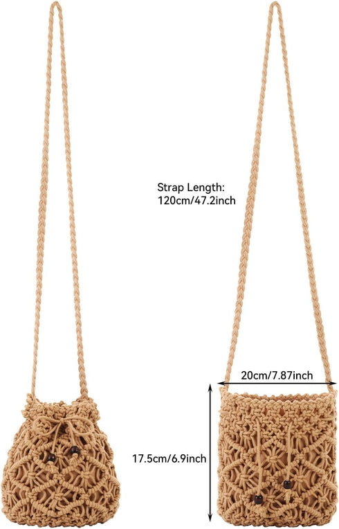 Ovida Crochet Mini Bucket Bag Purse Summer Woven Beach Shoulder Bag Drawstring Closure Crossbody Bag Handmade Hobo Bag...
