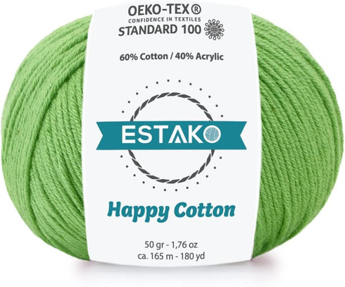 Estako Happy Cotton, 60% Cotton 40% Acrylic Yarn, Soft, Fine/Sport (2) for Crochet and Knitting 1.76 Oz (50g) / 180 Yrds (165m) (4910 - Green)......
