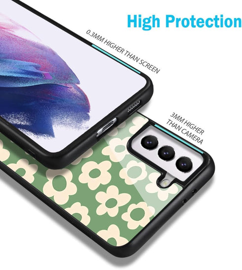 for Samsung Galaxy S22 Plus Green Daisy Flower Case for Women Girls, Cute Phone Cover Tempered Glass Back Cover Soft TPU Bumper Shockproof Case Tr...