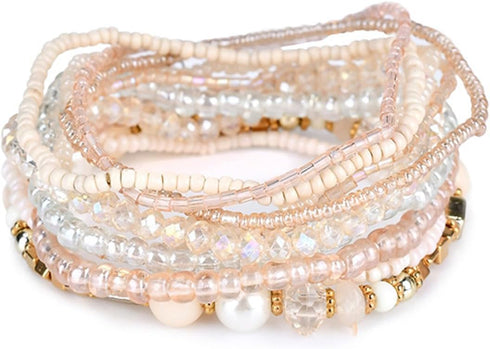 COLORFUL BLING Bohemian Crystal Beaded Stretch Bracelet Set for Women Boho Multilayer Imitation Pearl Seed Stackable Bracelet Holiday Jewelry Birt...