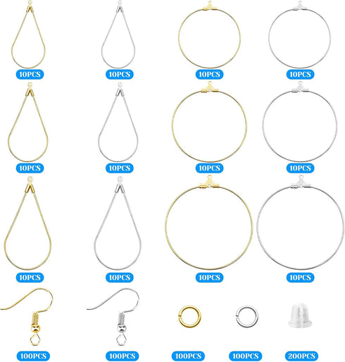 720Pcs Earring Making Kit with 120 Beading Hoop Earring Finding Component,200 Hooks,200 Jump Rings,200 Earring Backs,Teardrop Round Earrings Beadi...