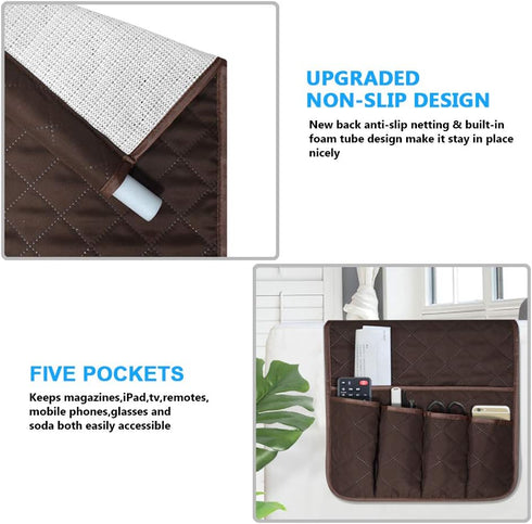 Sofa Armrest Organizer Non-Slip Arm Chair Bedside Caddy Storage Organizer for Recliner Couch with 5 Pockets for Cell Phone TV Remote Control Magaz...