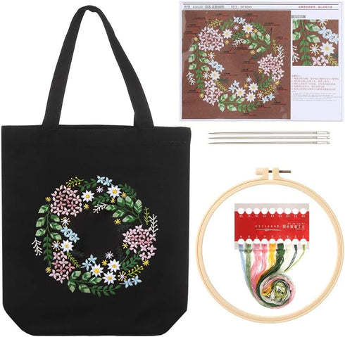 Canvas Tote Bag Embroidery Kit with Flower Pattern Instructions DIY Arts Crafts Supplies Cloth Threads Tools Beginners Needlepoint Kits(1)......