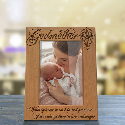 KATE POSH - Godmother Engraved Natural Wood Picture Frame, Cross Decor, Gift from Godchild, Baptism, Religious Catholic Thank You (5" x 7" Vertica...