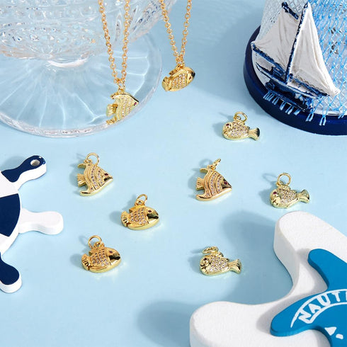 Beebeecraft 9Pcs 3 Styles Cubic Zirconia Fish Charms 18K Gold Plated Summer Sea Fish Pendant Charm with Storage Box for DIY Jewelry Crafts Necklac...
