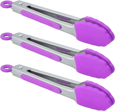 Small Kitchen Tongs 7 Inch Mini Silicone Appetizers Tongs, Set of 3 (Purple)...