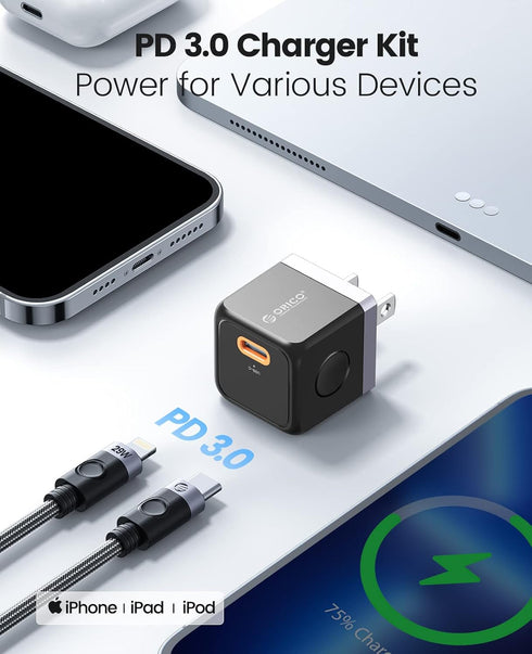 ORICO GaN USB C Charger, 20W Fast Charger Block USB C Wall Charger with USB C to Lightning Cable 3.3ft Compatible with iPhone 14/13/13 Pro Max/12/...