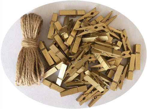 DurReus Small Wooden Clips Cute 1.5 Inch Clothespin Photo Paper DIY Craft Holder with Jute Twine Gold Pack 50...
