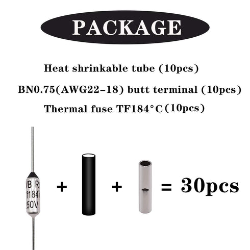 Tnisesm 10 Pcs 184 C Metal Thermal Cutoffs Thermal Fuse 10A 250V with Non-Insulated Butt Connectors(22-18 AWG) for Motor Transformer Electric Indu...