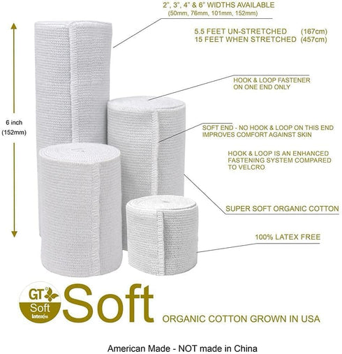 Premium Elastic Bandage Wrap (6" Wide, 2 Pack) - Made of USA Grown Cotton - Hook & Loop Fastener at One End - GT Latex Free Hypoallergenic Compres...