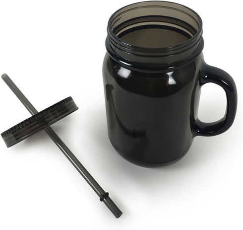 Black Mason Jar 20 Oz Doubled wall Acrylic Cup with Straw - 2 Pack...