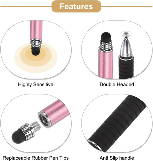 MECCANIXITY 2 in 1 Stylus Pens for Touch Screens Universal Capacitive Stylus Pen with 4 Fiber & 2 Disc Tip for Tablets Cell Phones Laptops, Pink...