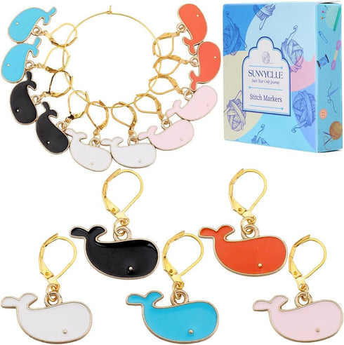 SUNNYCLUE 1 Box 30Pcs 5 Colors Cute Stitch Marker Knitting Crochet Markers Enamel Whale Planner Charms Removable Leverback Locking Knit Markers fo...