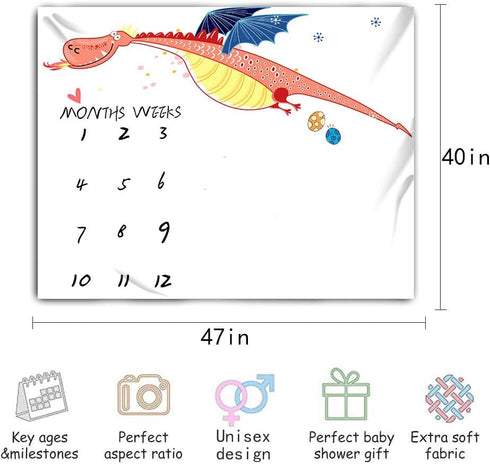 Dinosaur Fire Dragon Baby Monthly Blanket for Newborn, 48x40in, Unisex Baby Blanket, Baby Growth Chart Blanket BTXYME11...