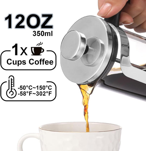 French Press Coffee Maker Carafe Coffee Presser Heat Resistant Glass with 3 Level Filtration System Stainless Steel Brews Coffee and Tea Press 12 ...