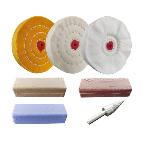 PURUI 7PC 4 Inch Buffing Wheel Kit for Drill or Mini Bench Grinder-Includes 3PC Buffing Wheels with Shellac Pin-Hole Center-3PC 100g Bar Brown, Bl...